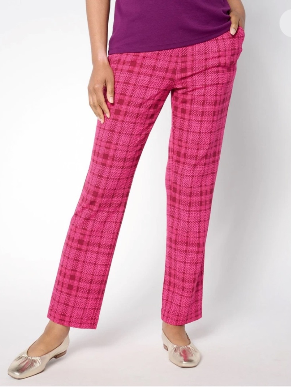 Isaac Mizrahi Scuba Crepe Slim Straight Pants Pink Plaid NWT Women’s Size 2X QVC